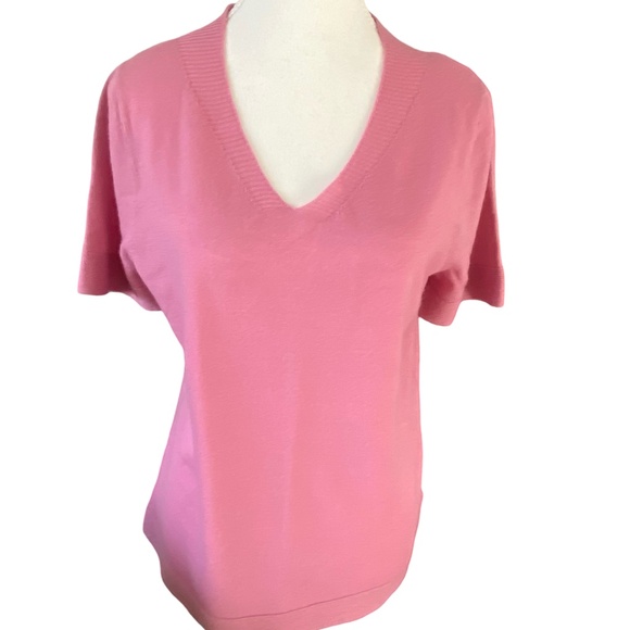 Max Studio Pink Extra Fine Merino Wool V-Neck Short Sleeve Sweater. Sz- L - Picture 1 of 13